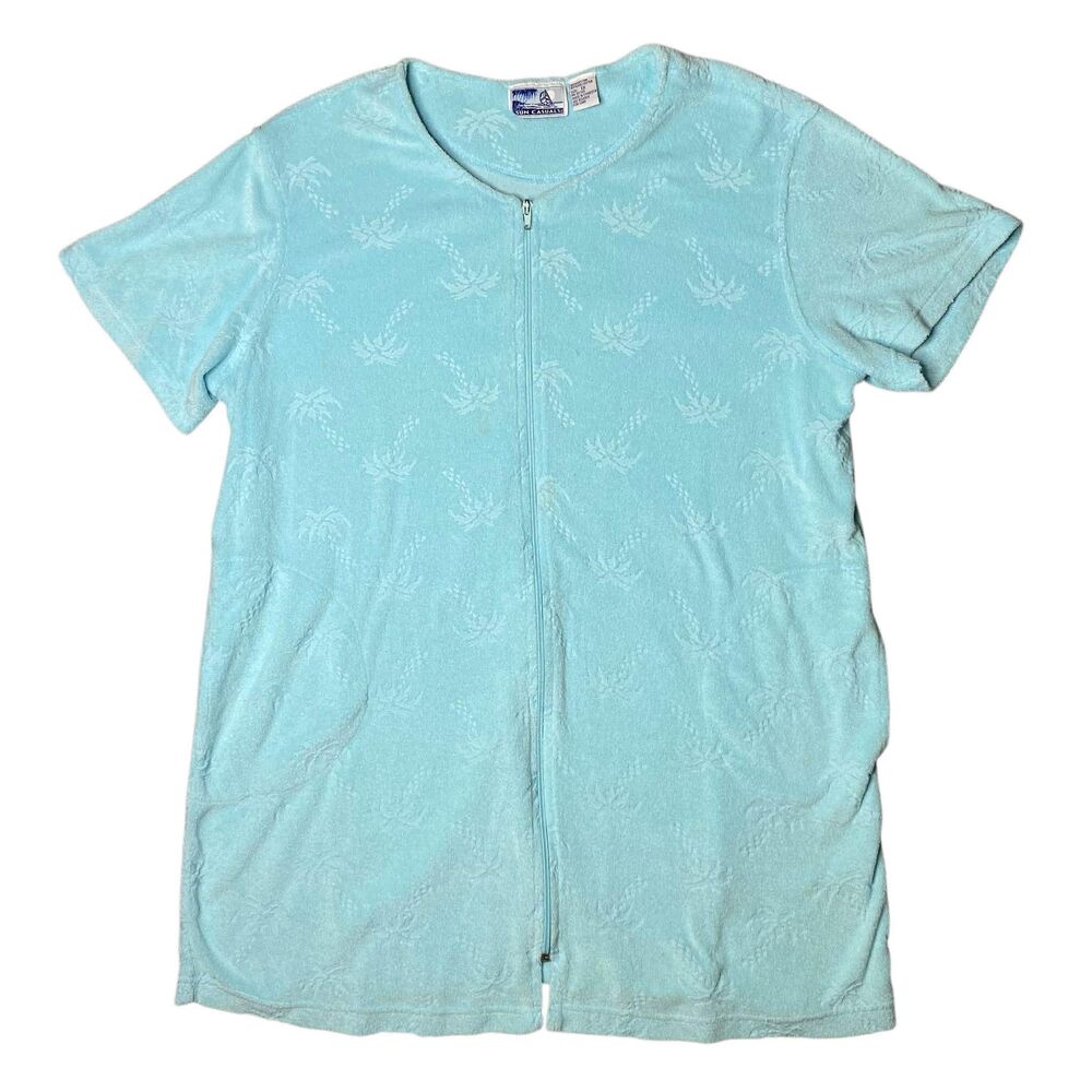 Sun Casuals Vintage Terry MuuMuu / Coverup Zip Up Turquoise Size XL Palm Tree
